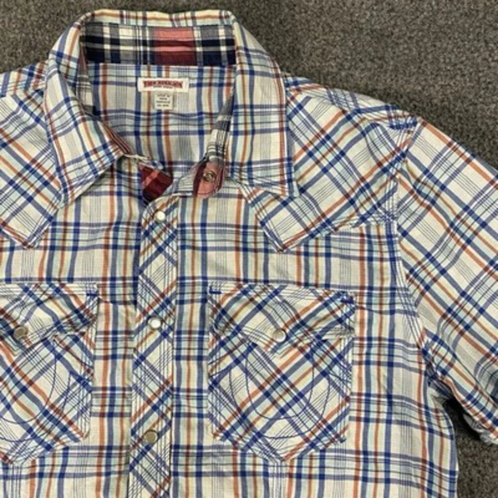 True Religion‎ Pearl Snap Western Shirt XL Blue Red Plaid Cowboy Y2K Preppy